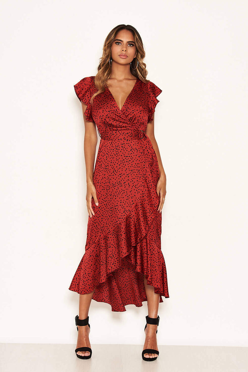 Red Spotty Frill Wrap Midi Dress | AX Paris